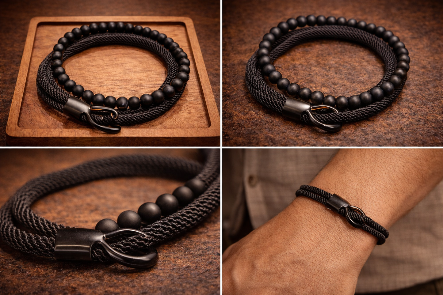 Schwarzes Herrenarmband aus Onyx & geflochtener Kordel