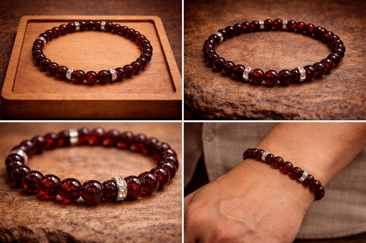 Elegantes Granat-Perlenarmband mit silberfarbenen Akzenten