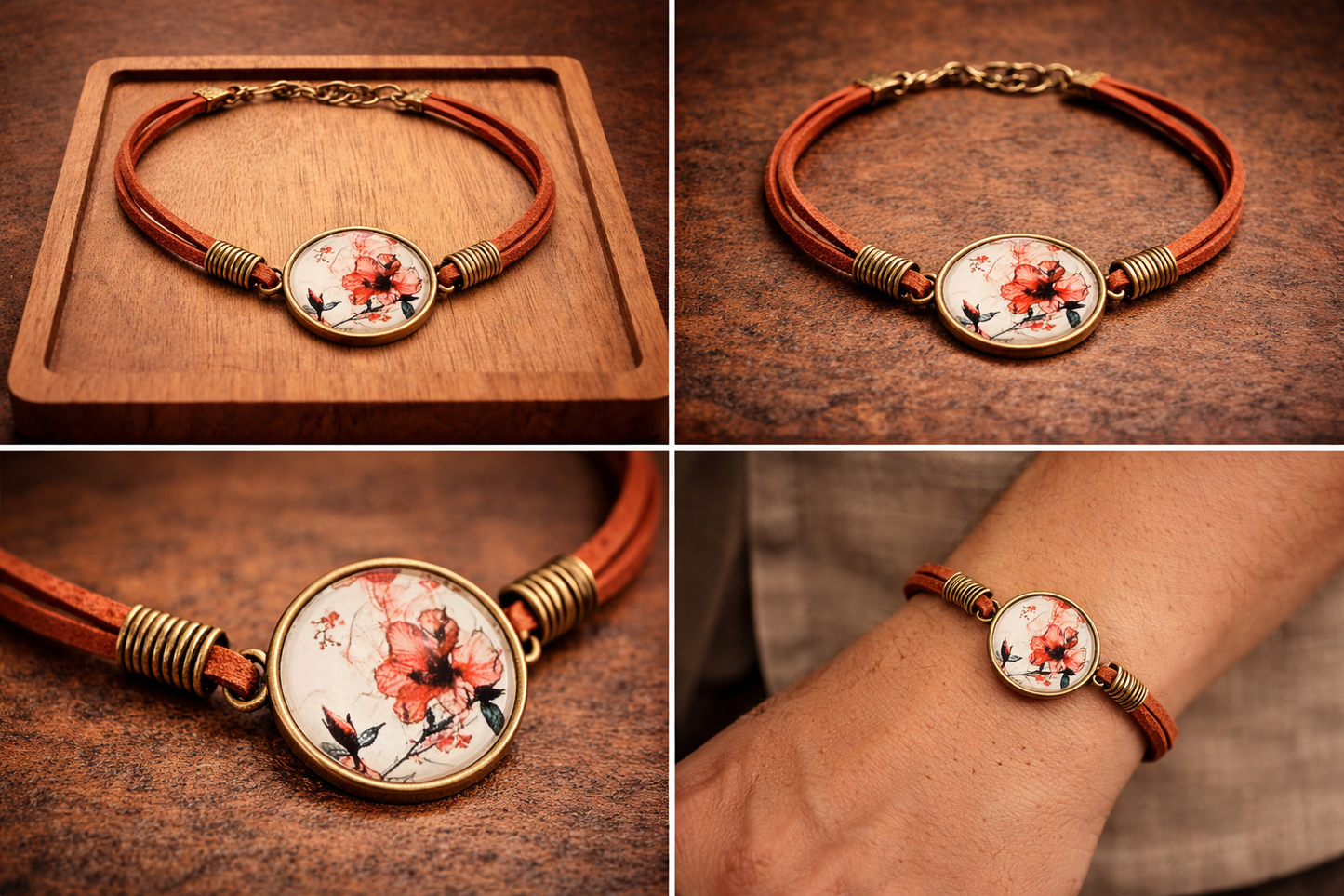 Lederarmband mit floraler Cabochon-Medaillon