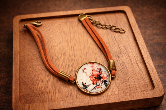 Lederarmband mit floraler Cabochon-Medaillon